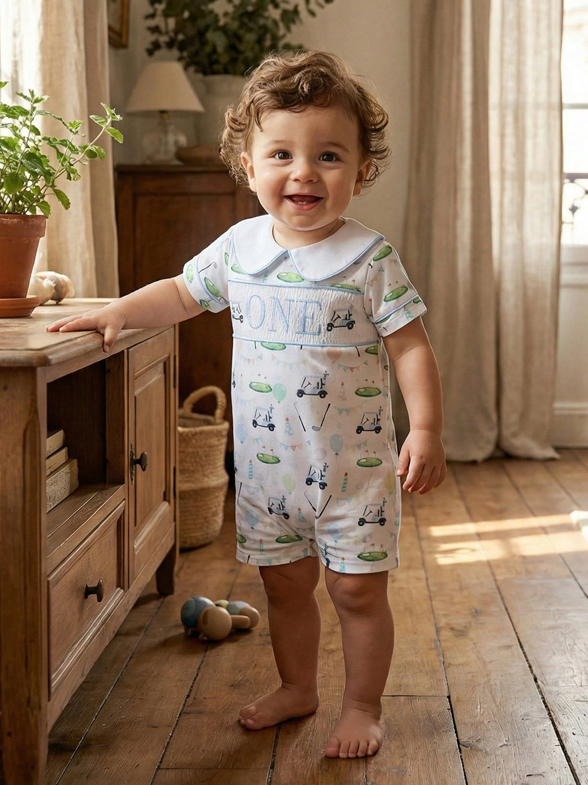 Baby Boy Golf First Birthday Outfit Short Sleeve Doll Collared Smocked Romper One Embroidery 1st Birthday Jumpsuit