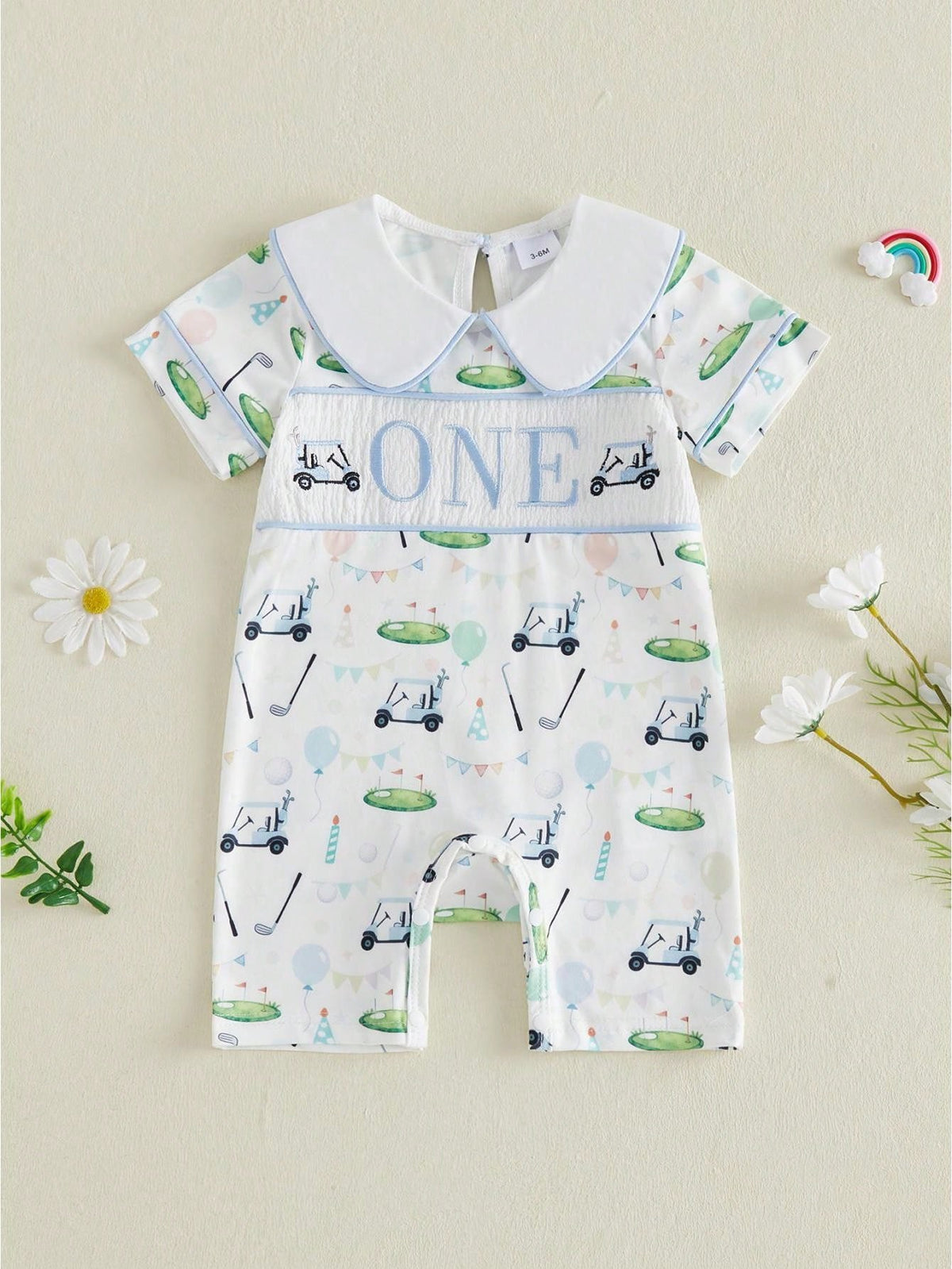 Baby Boy Golf First Birthday Outfit Short Sleeve Doll Collared Smocked Romper One Embroidery 1st Birthday Jumpsuit
