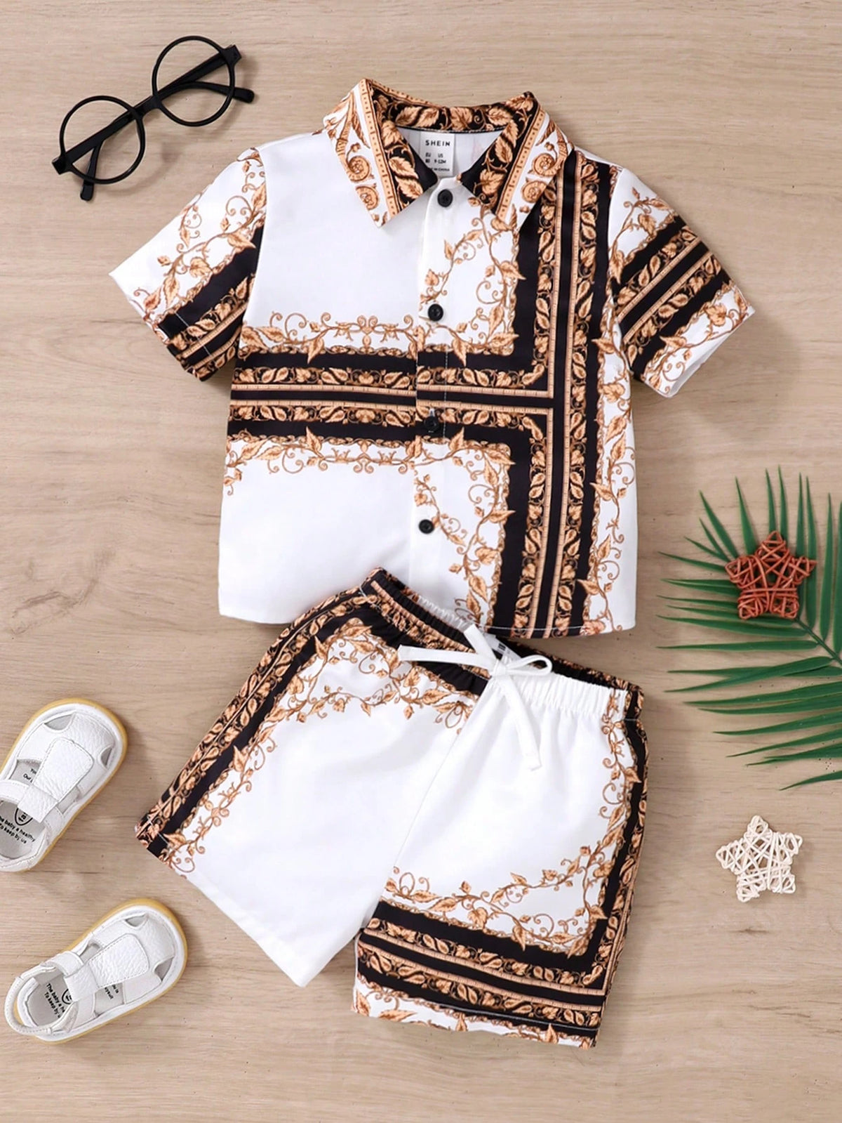 Baby Boy Printed Turn-Down Collar Leisure Cardigan And Shorts Set