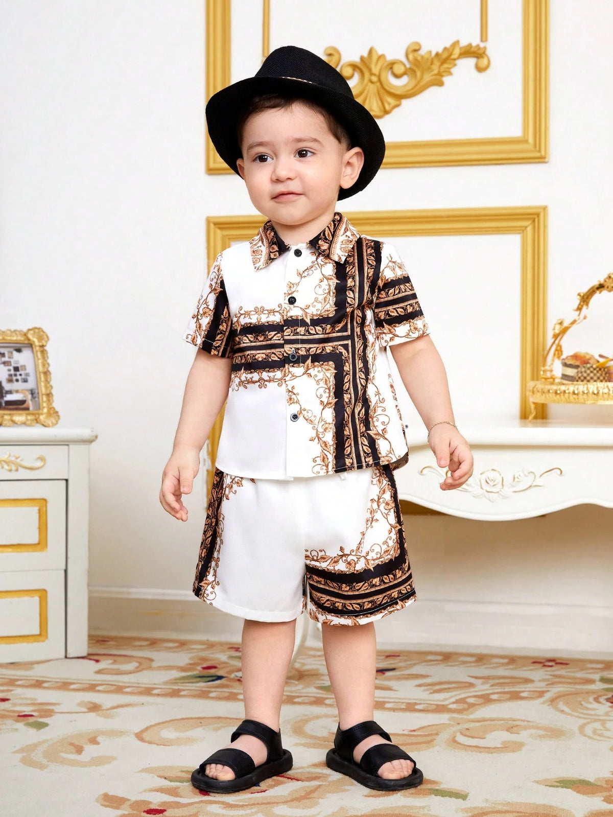 Baby Boy Printed Turn-Down Collar Leisure Cardigan And Shorts Set