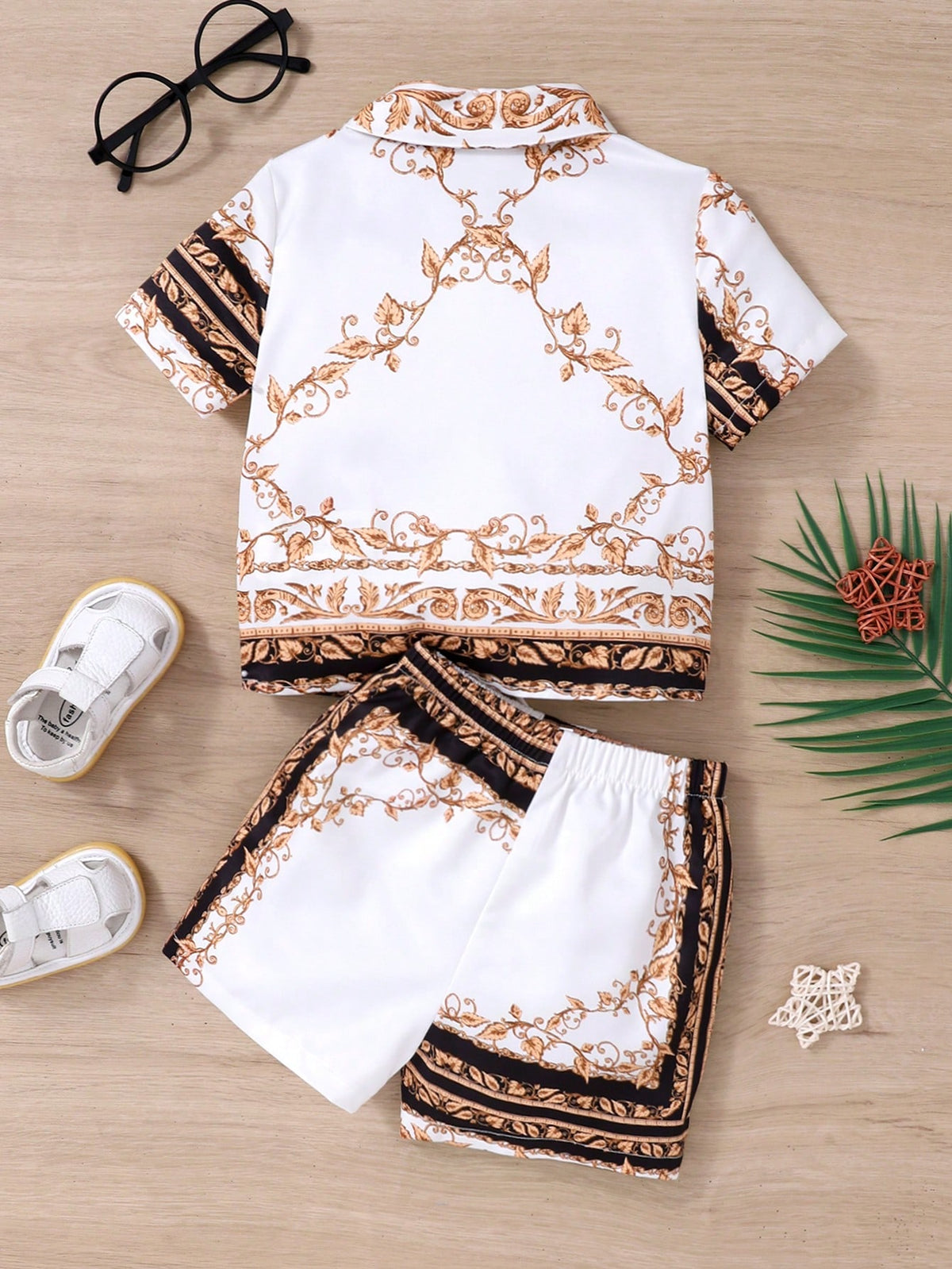 Baby Boy Printed Turn-Down Collar Leisure Cardigan And Shorts Set