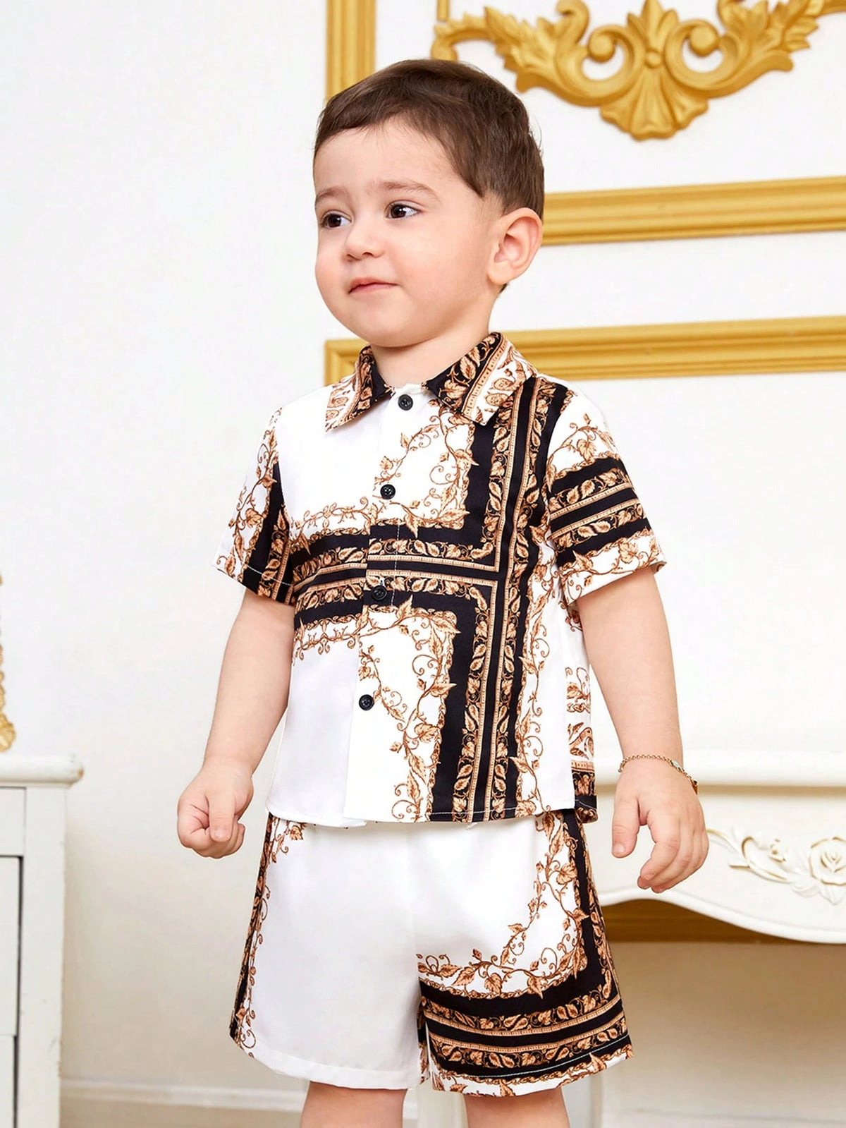 Baby Boy Printed Turn-Down Collar Leisure Cardigan And Shorts Set