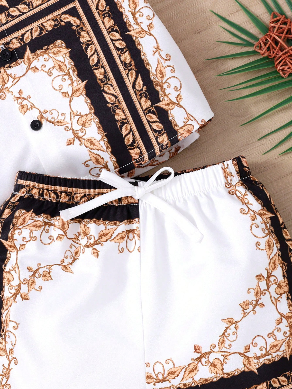 Baby Boy Printed Turn-Down Collar Leisure Cardigan And Shorts Set
