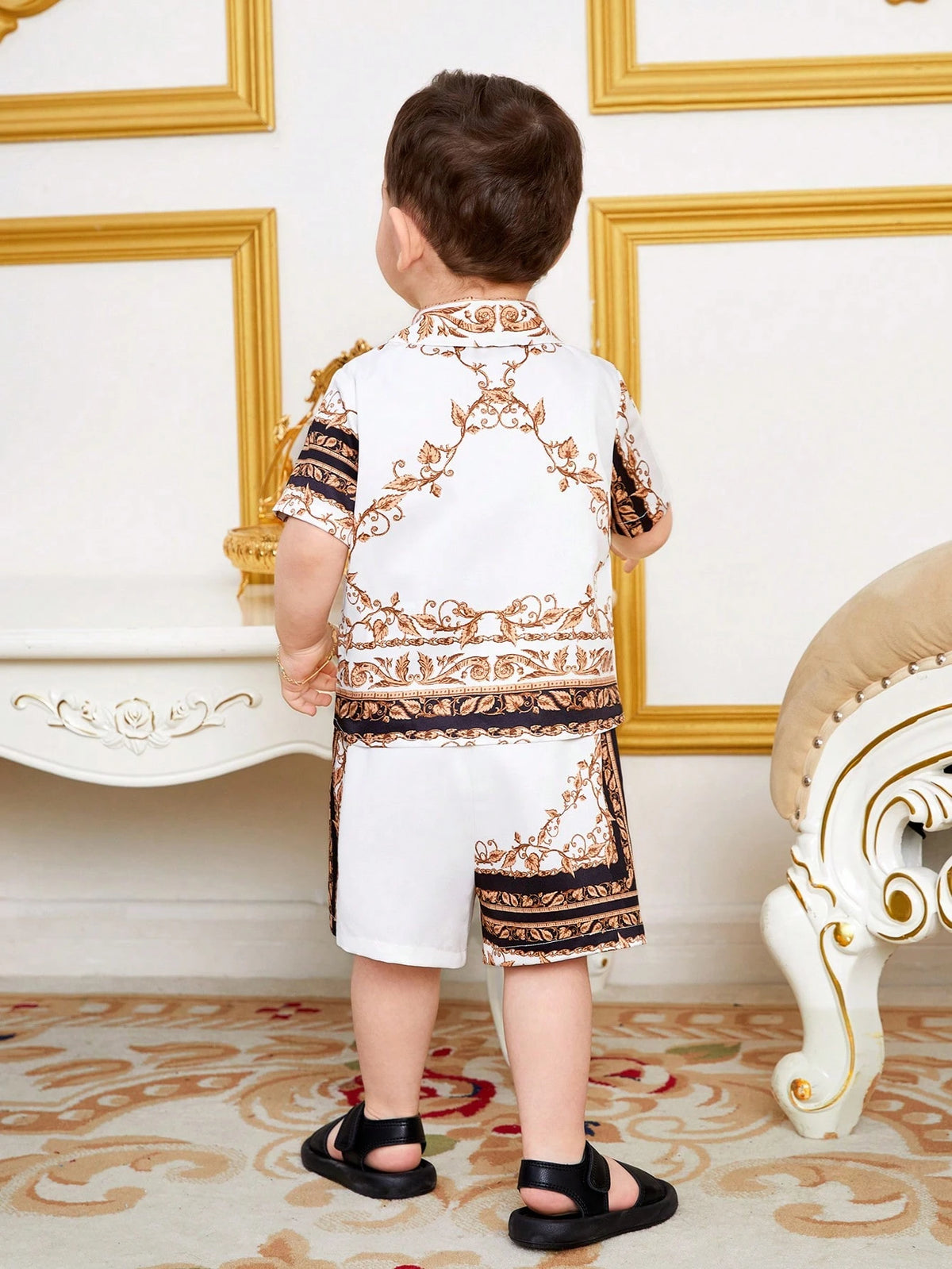 Baby Boy Printed Turn-Down Collar Leisure Cardigan And Shorts Set