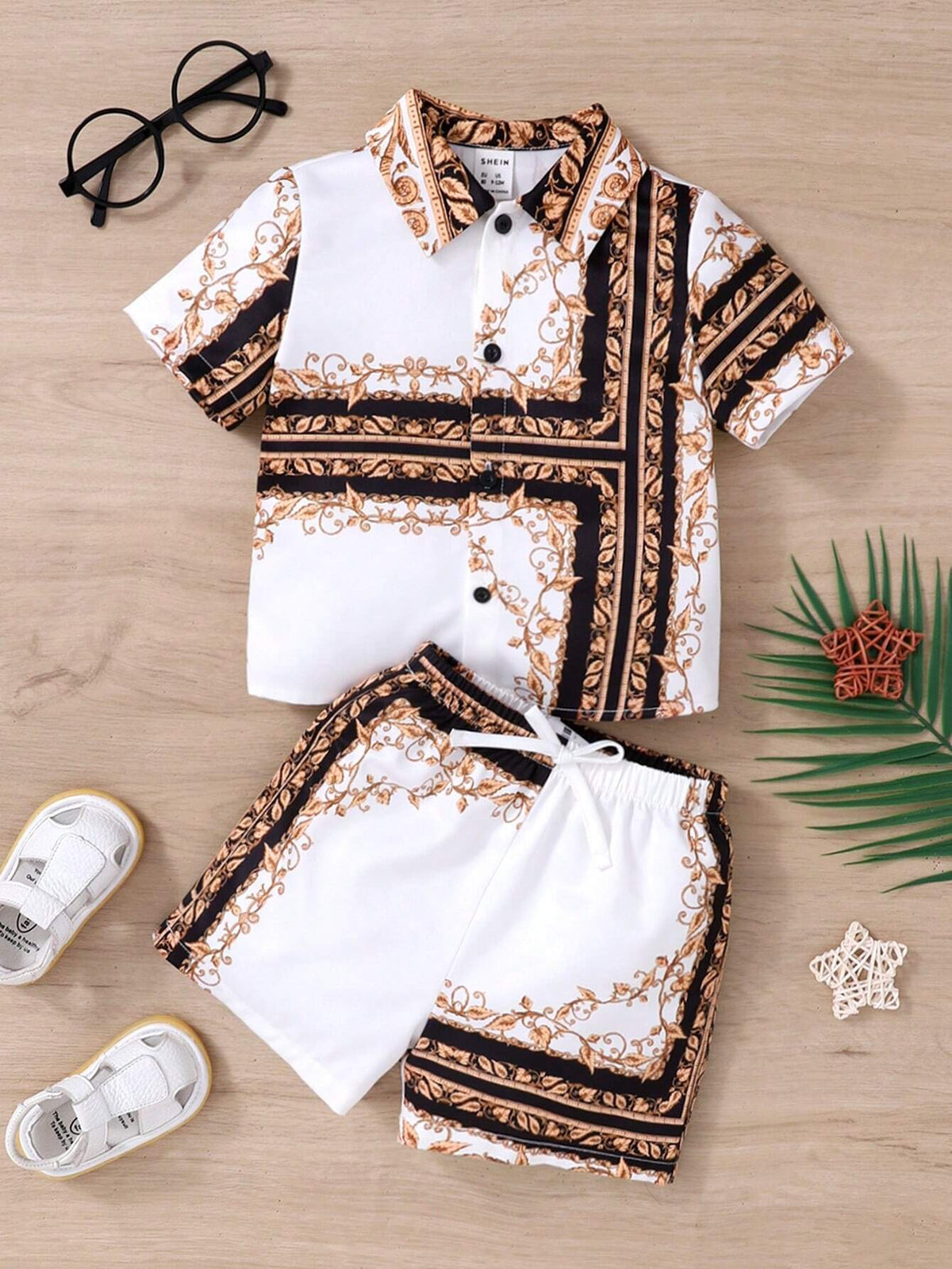 Baby Boy Printed Turn-Down Collar Leisure Cardigan And Shorts Set