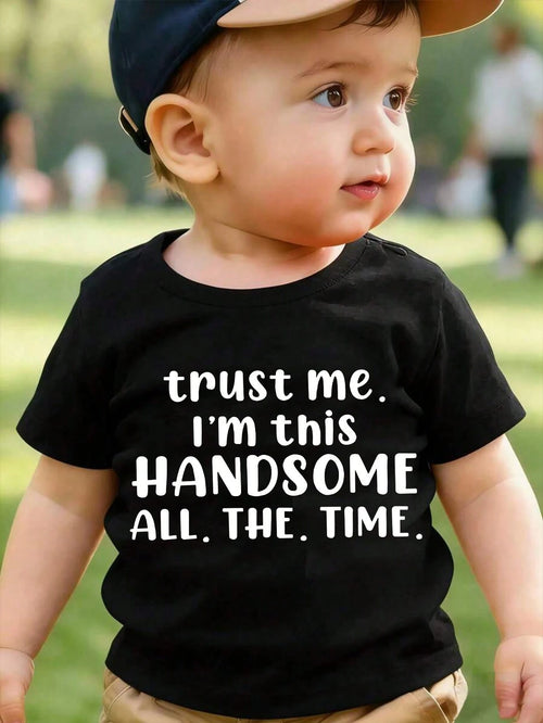 Baby Boy Short Sleeved Loose Round Neck T-Shirt With Casual Cute Handsome Quote Printed Pattern Suitable For Summer Wear