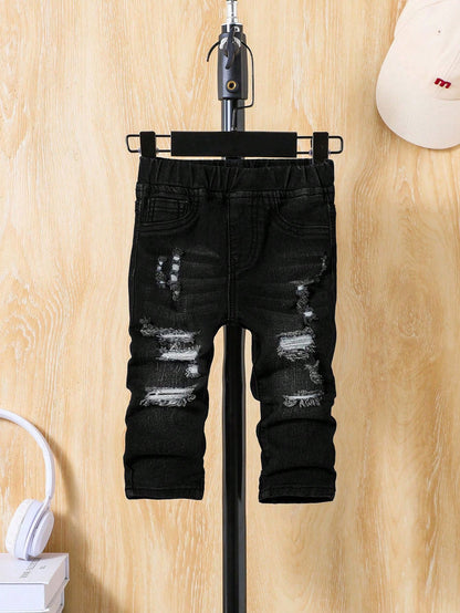 Baby Boy Spring Summer Solid Washed Pocket Ripped Denim Jeans, Summer