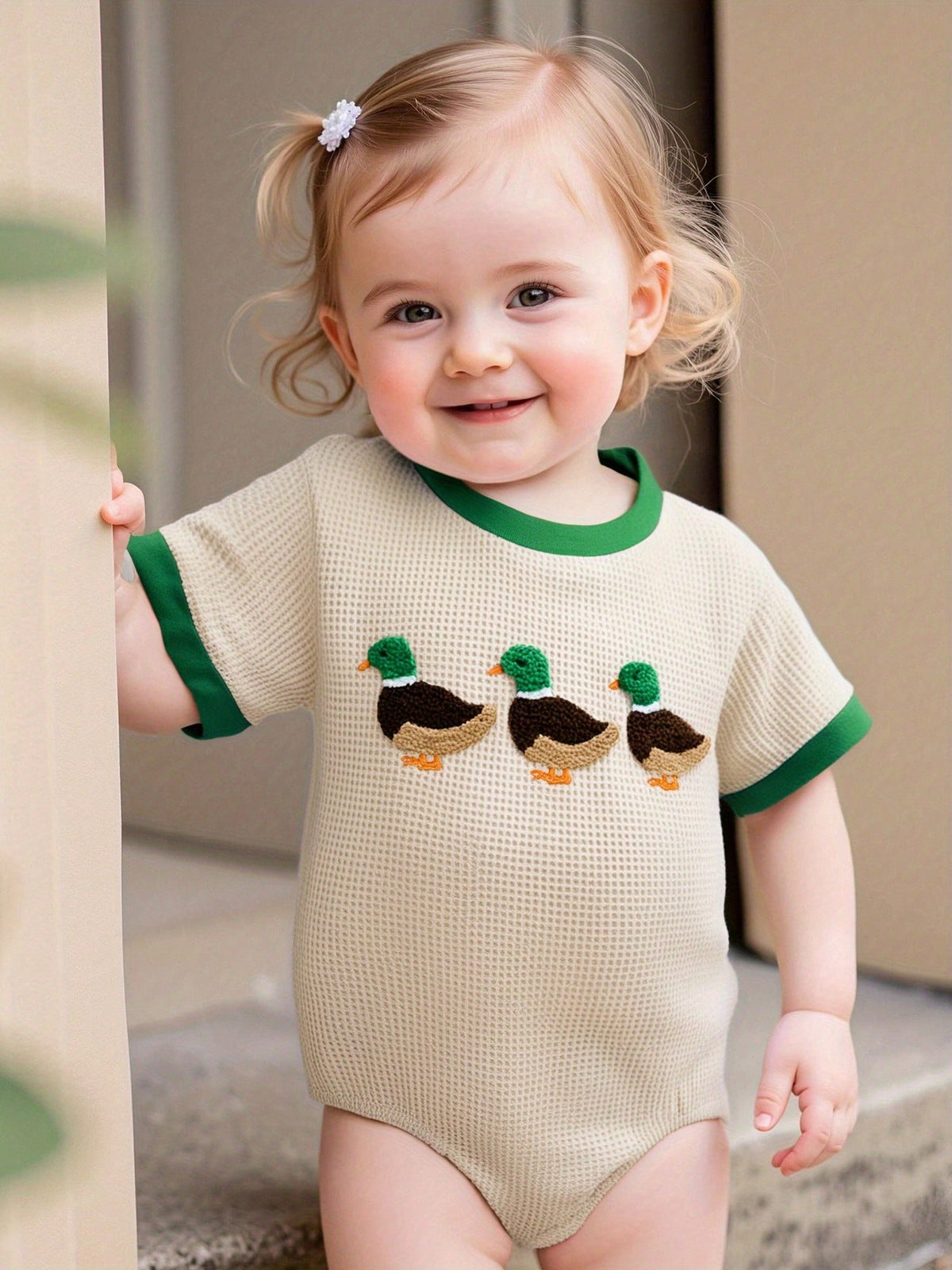 Baby Boy Summer Outfit Short Sleeve Romper Mallard Duck Embroidery Bodysuit Newborn Infant Waffle Clothes