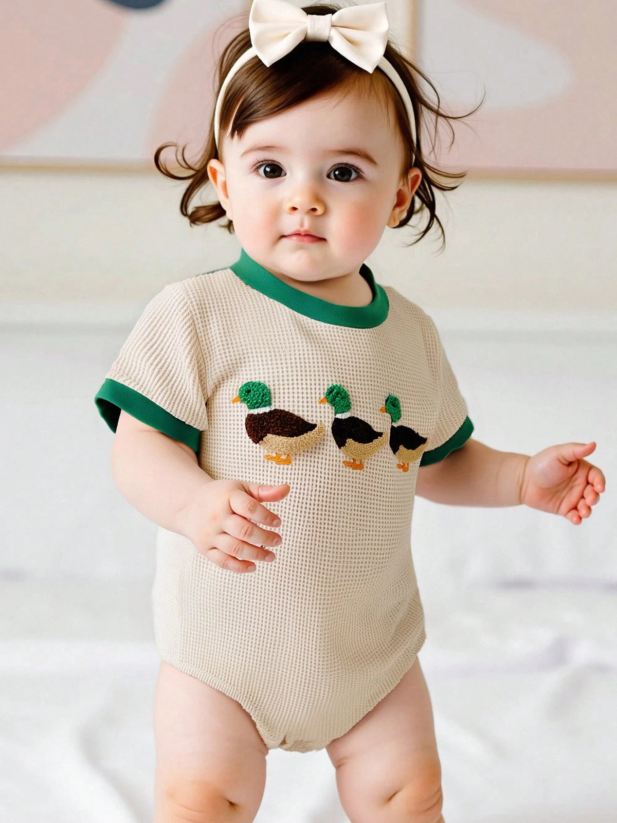 Baby Boy Summer Outfit Short Sleeve Romper Mallard Duck Embroidery Bodysuit Newborn Infant Waffle Clothes