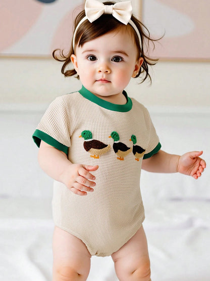 Baby Boy Summer Outfit Short Sleeve Romper Mallard Duck Embroidery Bodysuit Newborn Infant Waffle Clothes