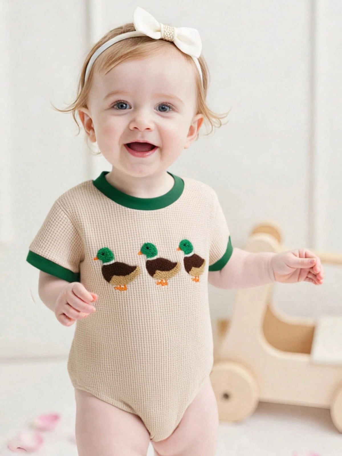 Baby Boy Summer Outfit Short Sleeve Romper Mallard Duck Embroidery Bodysuit Newborn Infant Waffle Clothes