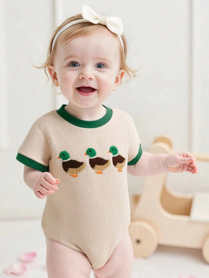 Baby Boy Summer Outfit Short Sleeve Romper Mallard Duck Embroidery Bodysuit Newborn Infant Waffle Clothes