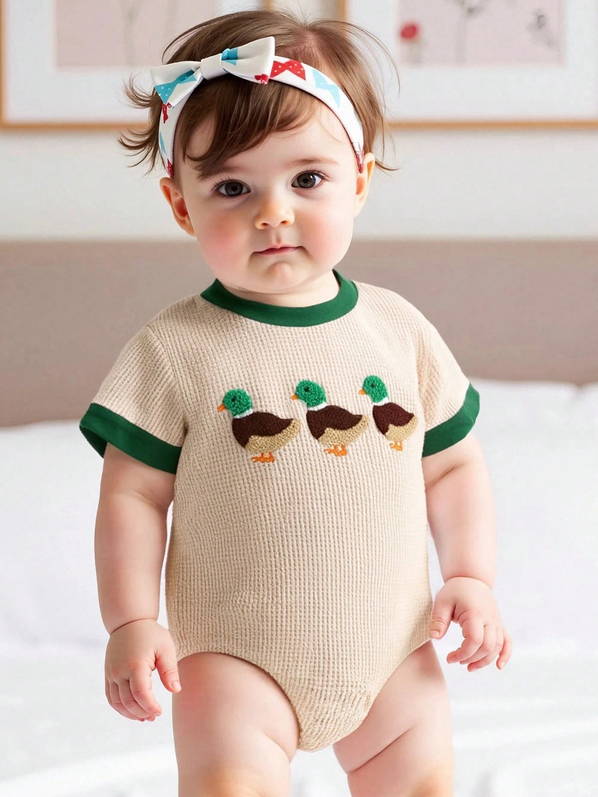 Baby Boy Summer Outfit Short Sleeve Romper Mallard Duck Embroidery Bodysuit Newborn Infant Waffle Clothes
