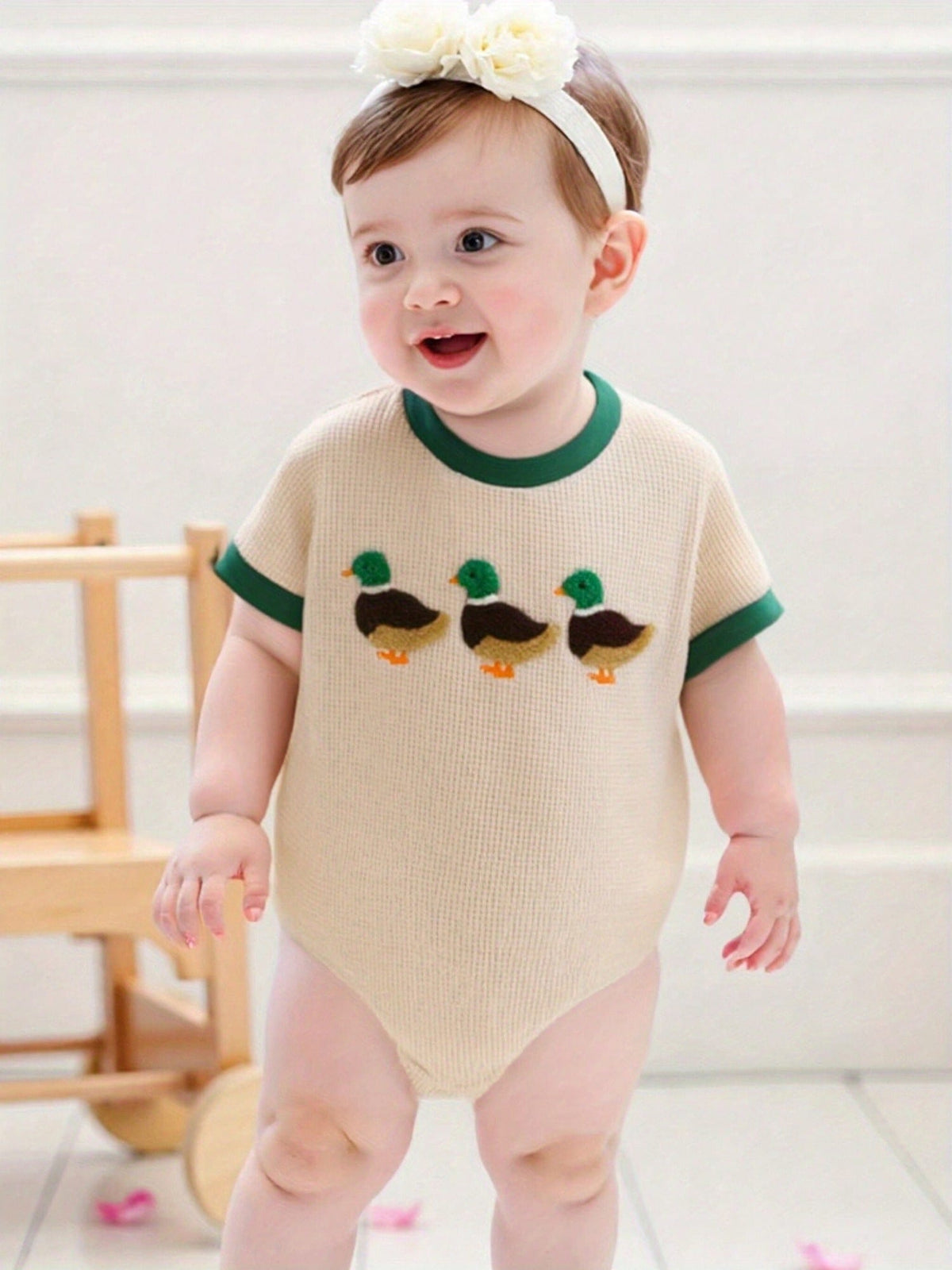 Baby Boy Summer Outfit Short Sleeve Romper Mallard Duck Embroidery Bodysuit Newborn Infant Waffle Clothes