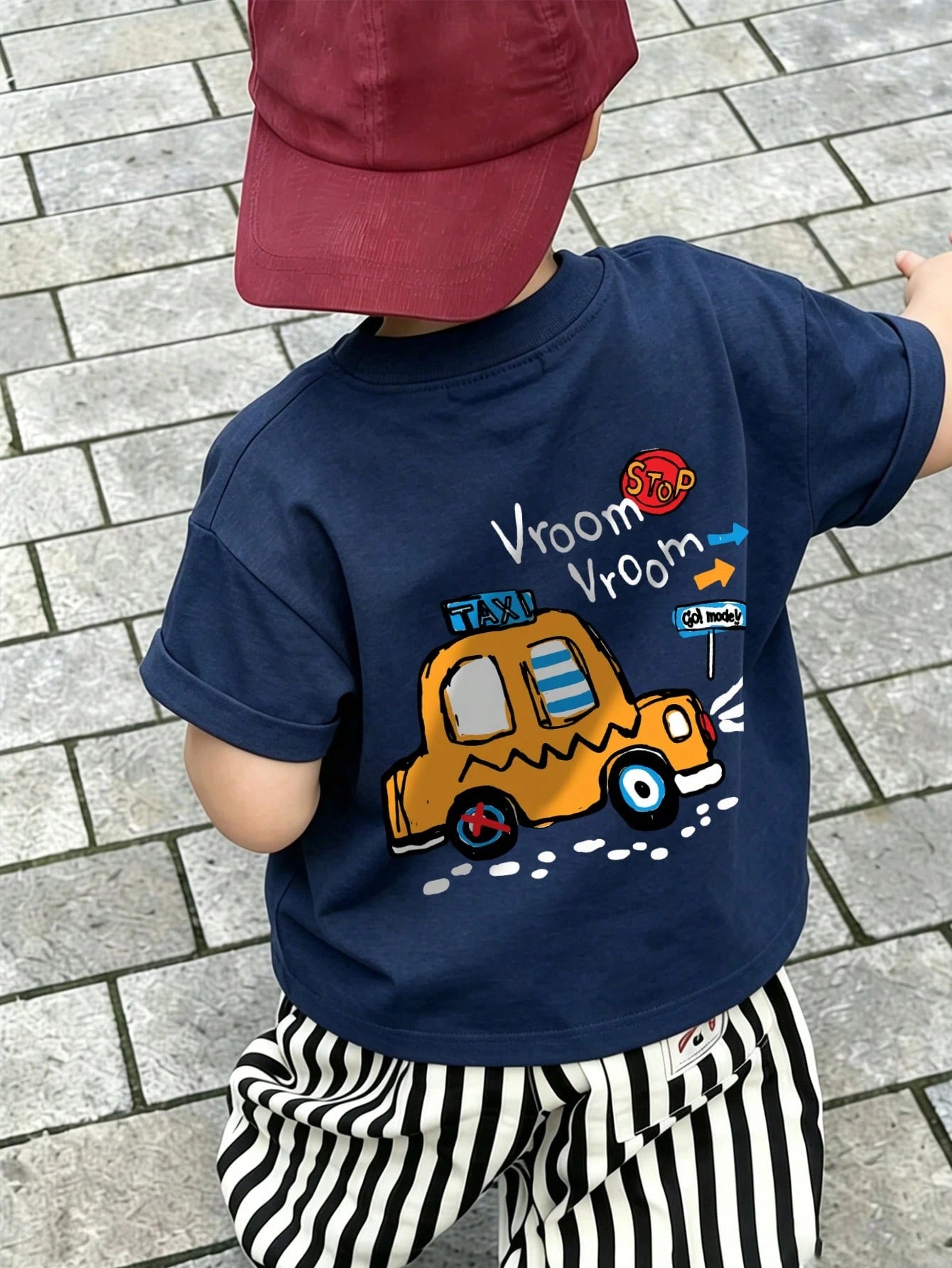 Baby Boy Vroom Vroom Taxi Print T-Shirt, Cartoon Vehicle Graphic Crew Neck Short Sleeve Casual Summer Tee