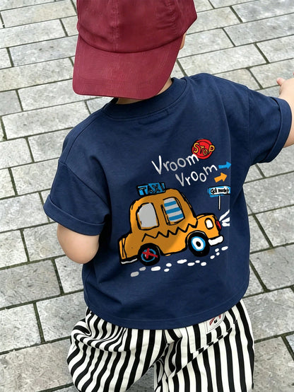 Baby Boy Vroom Vroom Taxi Print T-Shirt, Cartoon Vehicle Graphic Crew Neck Short Sleeve Casual Summer Tee