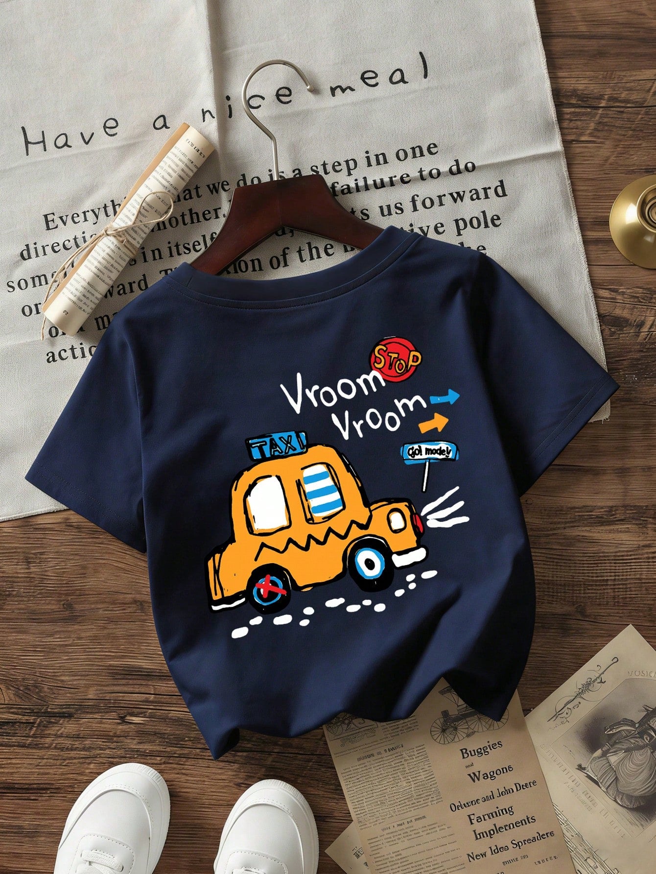 Baby Boy Vroom Vroom Taxi Print T-Shirt, Cartoon Vehicle Graphic Crew Neck Short Sleeve Casual Summer Tee
