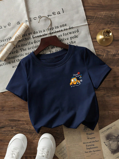 Baby Boy Vroom Vroom Taxi Print T-Shirt, Cartoon Vehicle Graphic Crew Neck Short Sleeve Casual Summer Tee