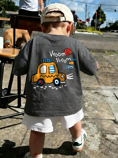 Baby Boy Vroom Vroom Taxi Print T-Shirt, Cartoon Vehicle Graphic Crew Neck Short Sleeve Casual Summer Tee