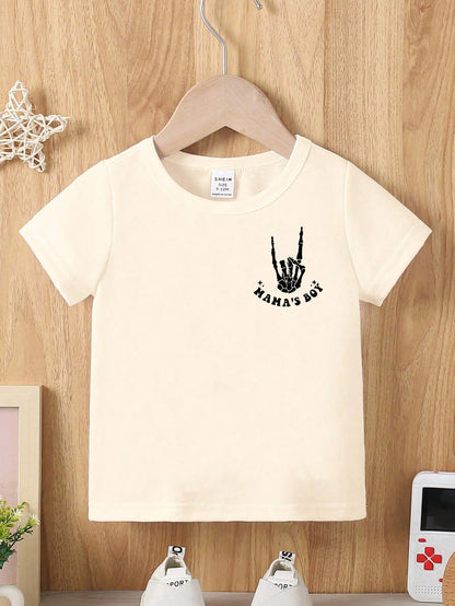 Baby Boy White Casual Short Sleeve T-Shirt,Summer Graphic City Break Tee With Ghost Face Skeleton Hand Gesture Funny Letter Slogan Creative Cartoon