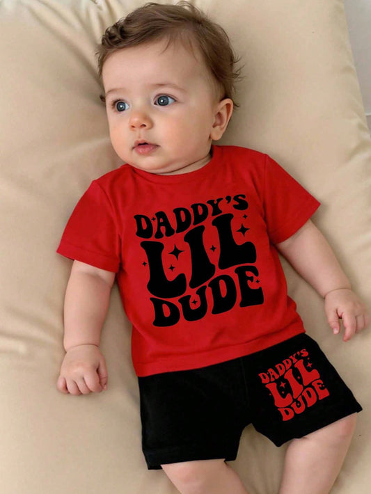 Baby Boys 2-Piece Outfit,Red And Black Summer Casual Cute Family Matching Star Letter Graphic Print Short Sleeve T-Shirt And Shorts Set,Daily Wear