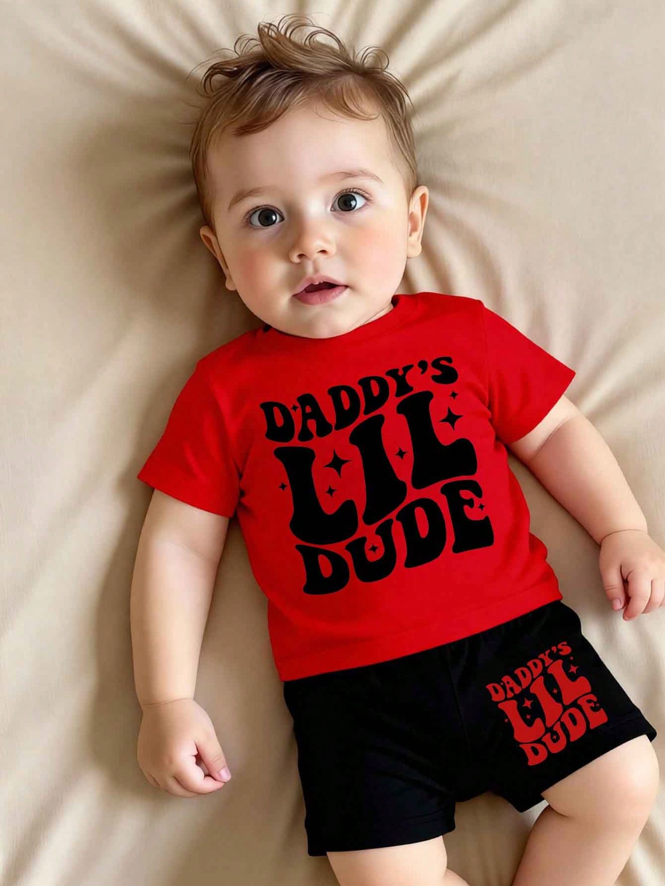 Baby Boys 2-Piece Outfit,Red And Black Summer Casual Cute Family Matching Star Letter Graphic Print Short Sleeve T-Shirt And Shorts Set,Daily Wear
