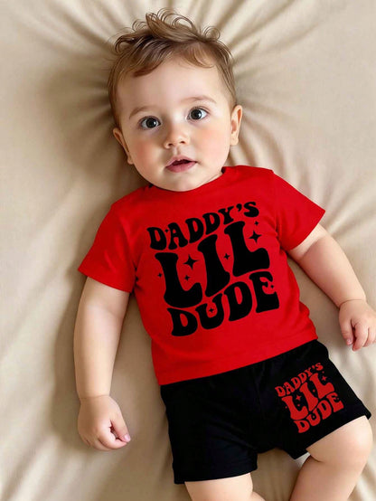 Baby Boys 2-Piece Outfit,Red And Black Summer Casual Cute Family Matching Star Letter Graphic Print Short Sleeve T-Shirt And Shorts Set,Daily Wear