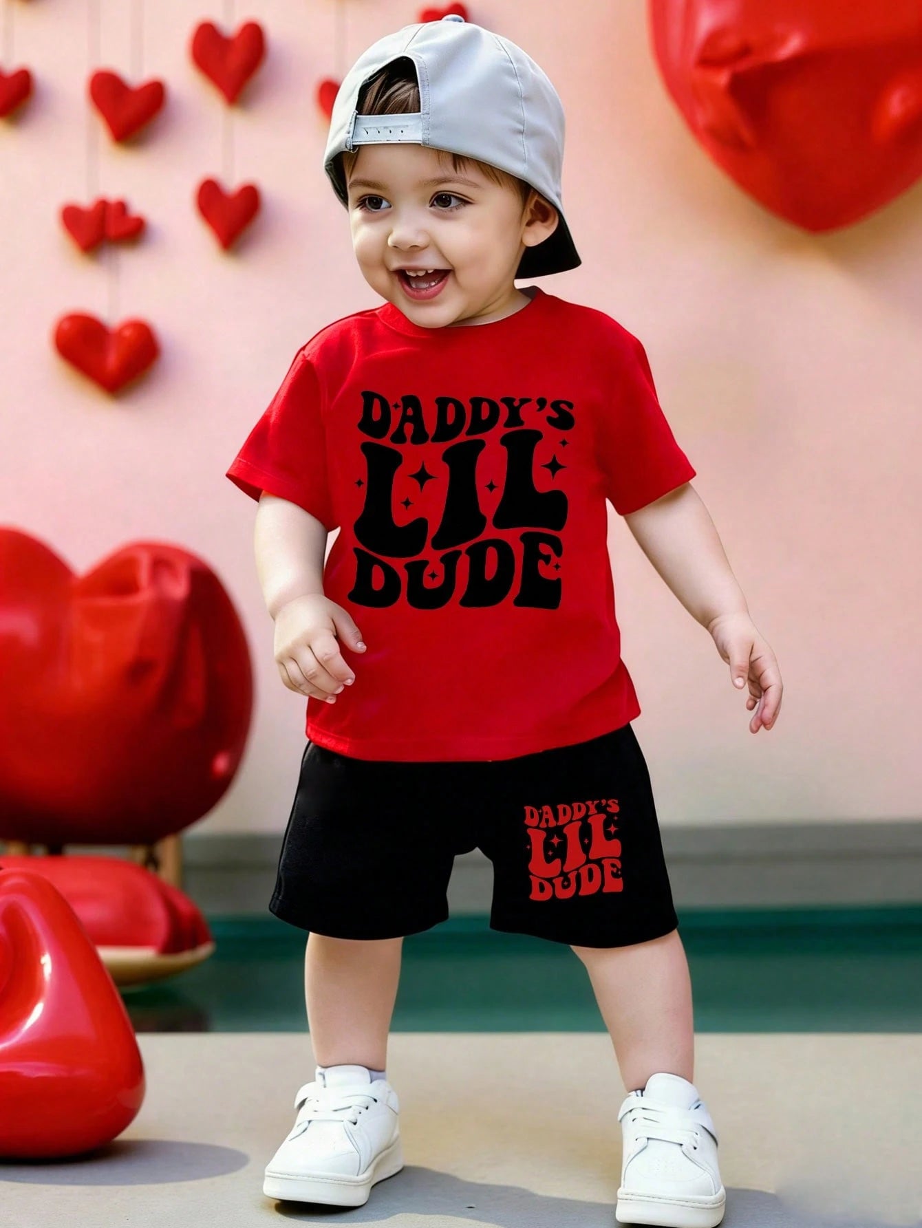Baby Boys 2-Piece Outfit,Red And Black Summer Casual Cute Family Matching Star Letter Graphic Print Short Sleeve T-Shirt And Shorts Set,Daily Wear