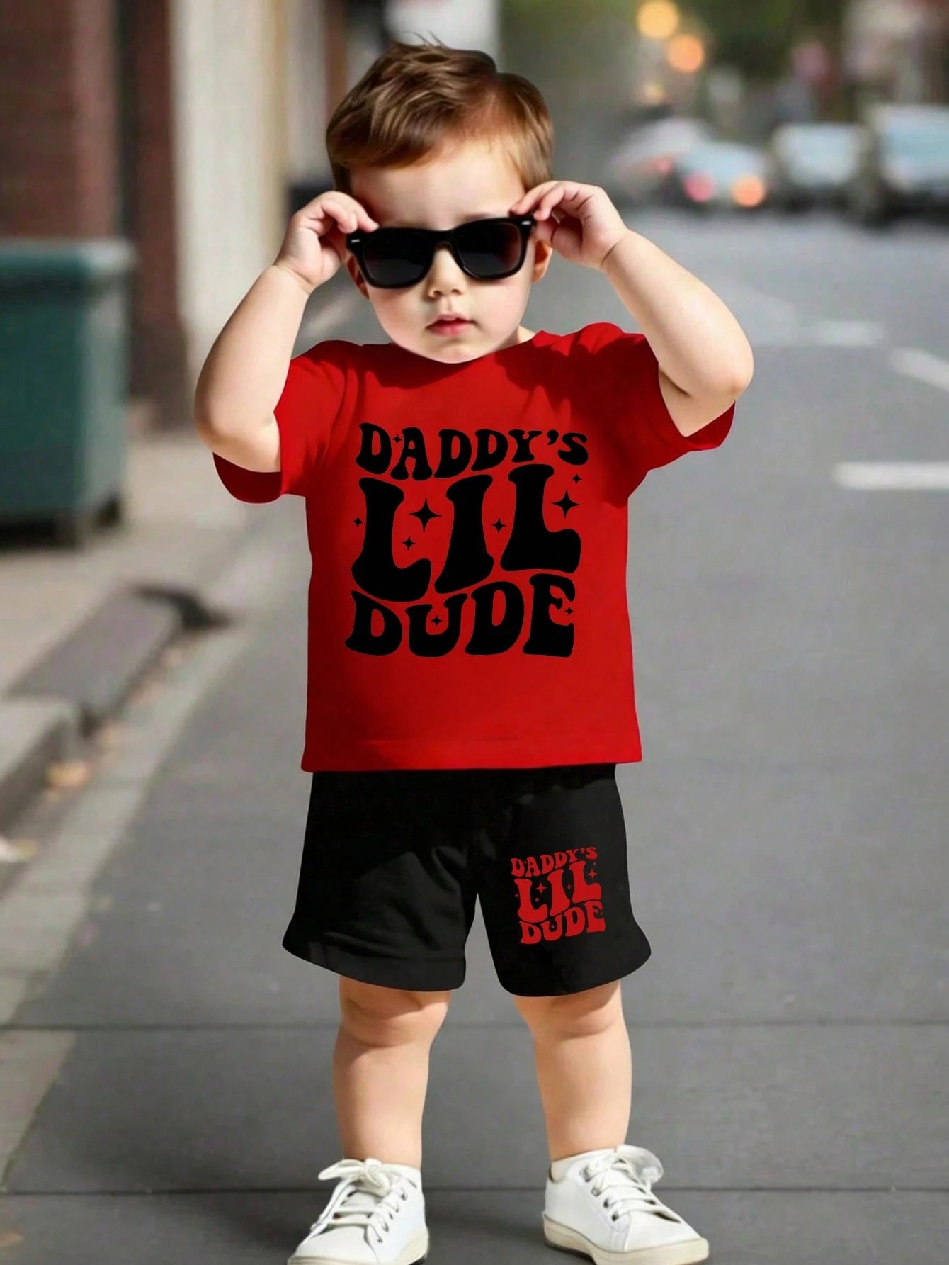 Baby Boys 2-Piece Outfit,Red And Black Summer Casual Cute Family Matching Star Letter Graphic Print Short Sleeve T-Shirt And Shorts Set,Daily Wear