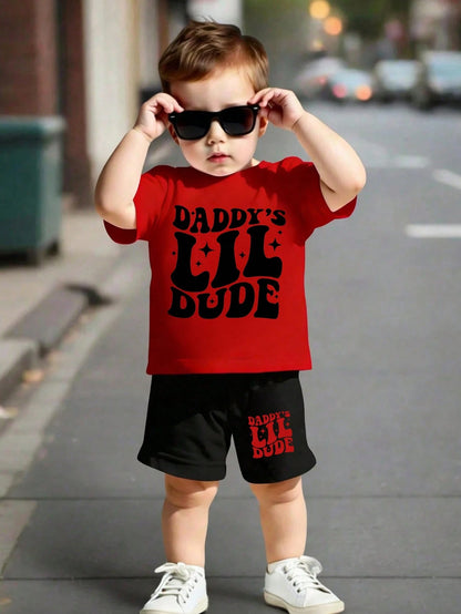 Baby Boys 2-Piece Outfit,Red And Black Summer Casual Cute Family Matching Star Letter Graphic Print Short Sleeve T-Shirt And Shorts Set,Daily Wear