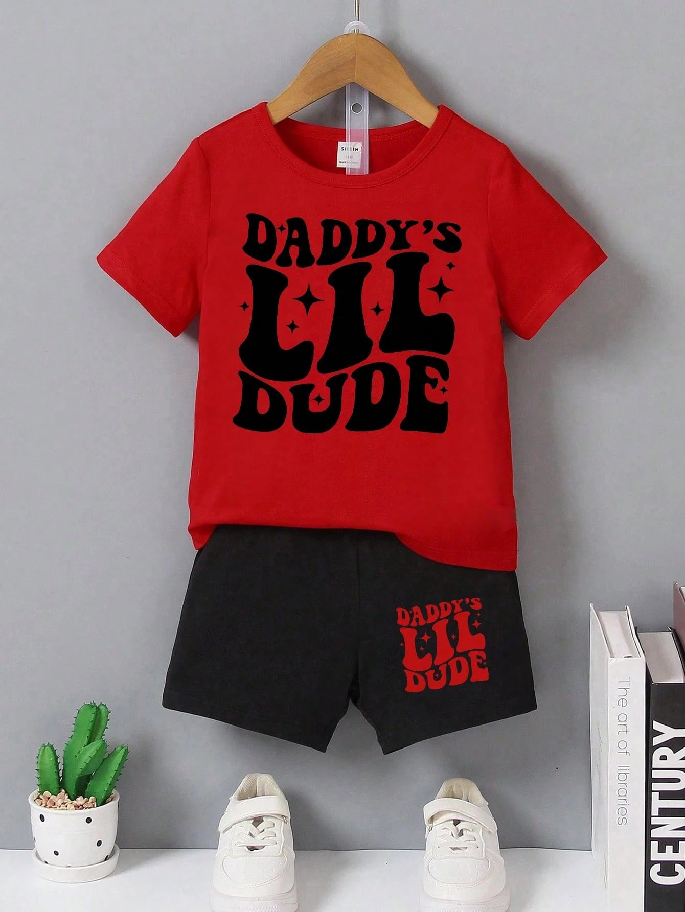 Baby Boys 2-Piece Outfit,Red And Black Summer Casual Cute Family Matching Star Letter Graphic Print Short Sleeve T-Shirt And Shorts Set,Daily Wear