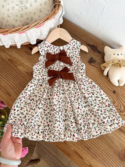 Baby Girl 3Months-3Years Dress Outing, 1pc Casual And Cute Daily Style Fall Outfits For Girl, Brown Bowknot Decoration Sleeveless Puffy Dress