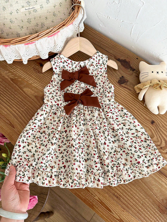 Baby Girl 3Months-3Years Dress Outing, 1pc Casual And Cute Daily Style Fall Outfits For Girl, Brown Bowknot Decoration Sleeveless Puffy Dress
