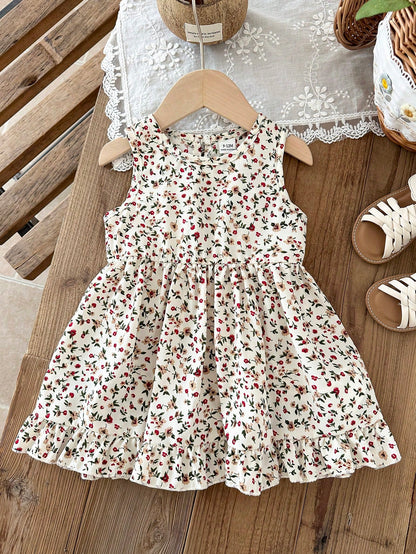 Baby Girl 3Months-3Years Dress Outing, 1pc Casual And Cute Daily Style Fall Outfits For Girl, Brown Bowknot Decoration Sleeveless Puffy Dress
