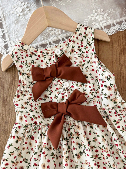 Baby Girl 3Months-3Years Dress Outing, 1pc Casual And Cute Daily Style Fall Outfits For Girl, Brown Bowknot Decoration Sleeveless Puffy Dress