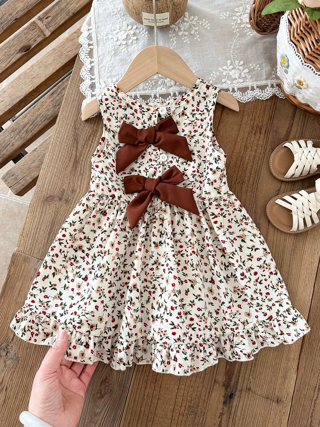 Baby Girl 3Months-3Years Dress Outing, 1pc Casual And Cute Daily Style Fall Outfits For Girl, Brown Bowknot Decoration Sleeveless Puffy Dress