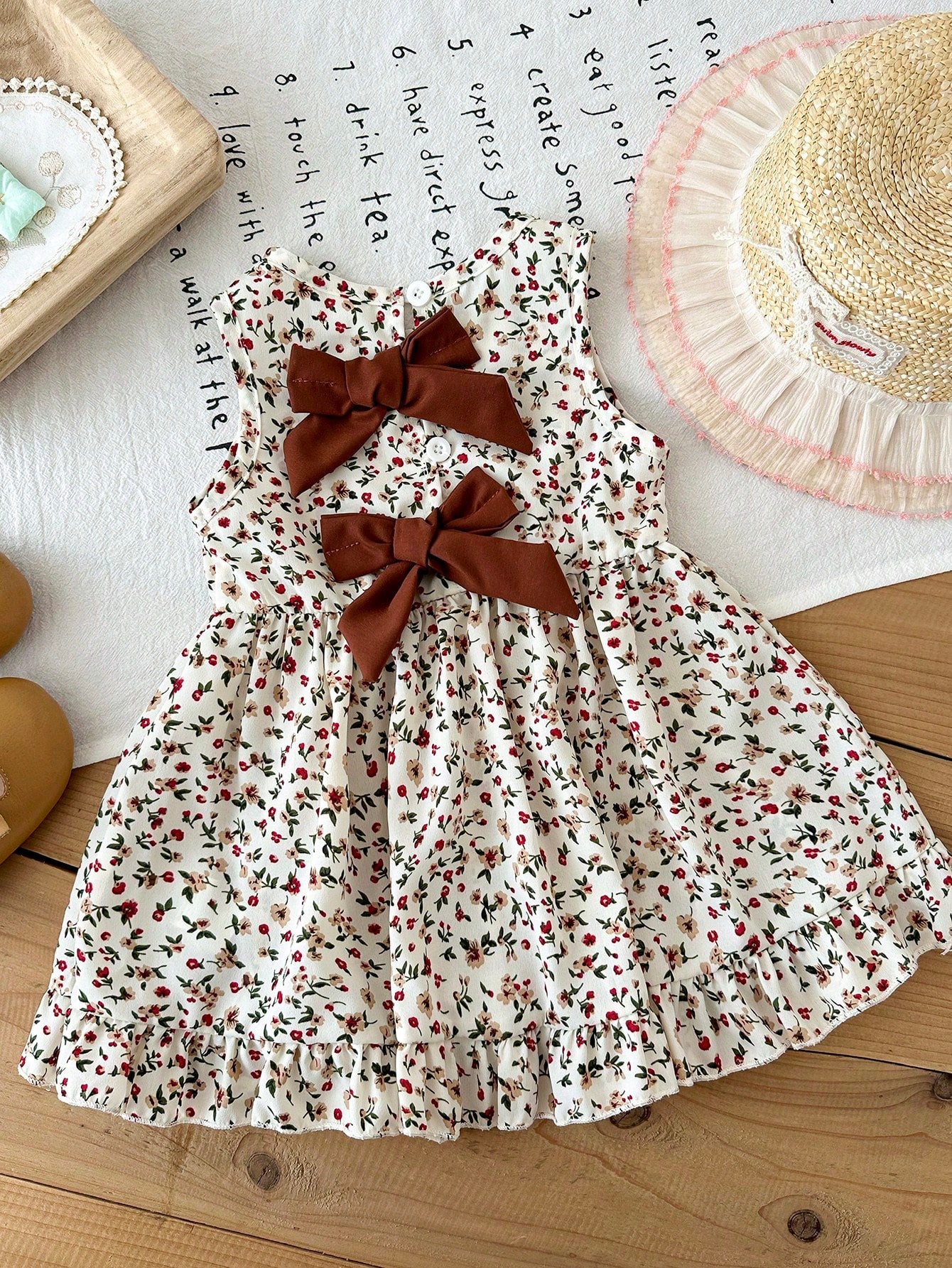 Baby Girl 3Months-3Years Dress Outing, 1pc Casual And Cute Daily Style Fall Outfits For Girl, Brown Bowknot Decoration Sleeveless Puffy Dress