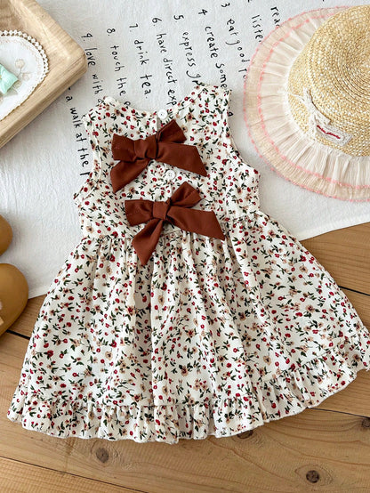 Baby Girl 3Months-3Years Dress Outing, 1pc Casual And Cute Daily Style Fall Outfits For Girl, Brown Bowknot Decoration Sleeveless Puffy Dress