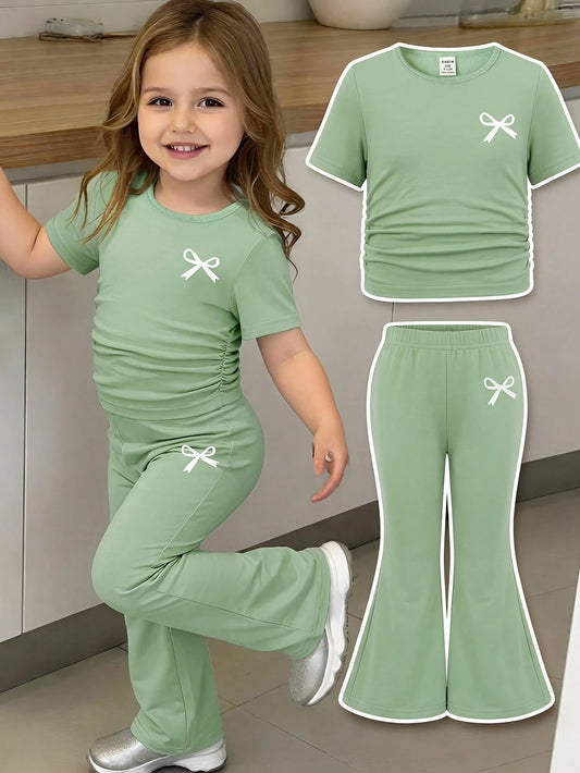 Baby Girl Bow Print Short Sleeve T-Shirt And Flare Pants Set,Sage Green Summer Casual Family Matching Baby Girls Outfit Childrens Clothing 2pcs