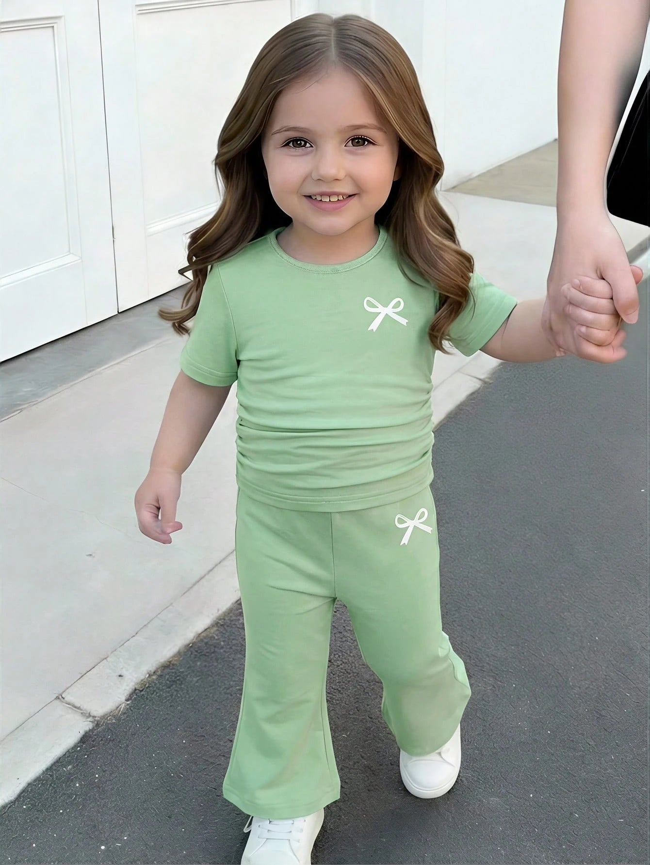 Baby Girl Bow Print Short Sleeve T-Shirt And Flare Pants Set,Sage Green Summer Casual Family Matching Baby Girls Outfit Childrens Clothing 2pcs