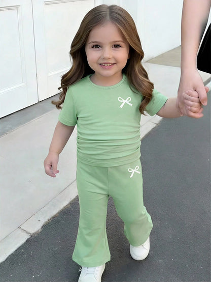 Baby Girl Bow Print Short Sleeve T-Shirt And Flare Pants Set,Sage Green Summer Casual Family Matching Baby Girls Outfit Childrens Clothing 2pcs