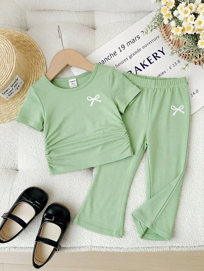 Baby Girl Bow Print Short Sleeve T-Shirt And Flare Pants Set,Sage Green Summer Casual Family Matching Baby Girls Outfit Childrens Clothing 2pcs