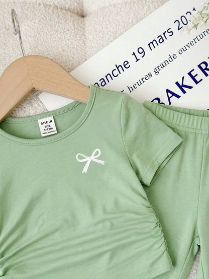 Baby Girl Bow Print Short Sleeve T-Shirt And Flare Pants Set,Sage Green Summer Casual Family Matching Baby Girls Outfit Childrens Clothing 2pcs