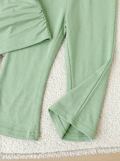 Baby Girl Bow Print Short Sleeve T-Shirt And Flare Pants Set,Sage Green Summer Casual Family Matching Baby Girls Outfit Childrens Clothing 2pcs