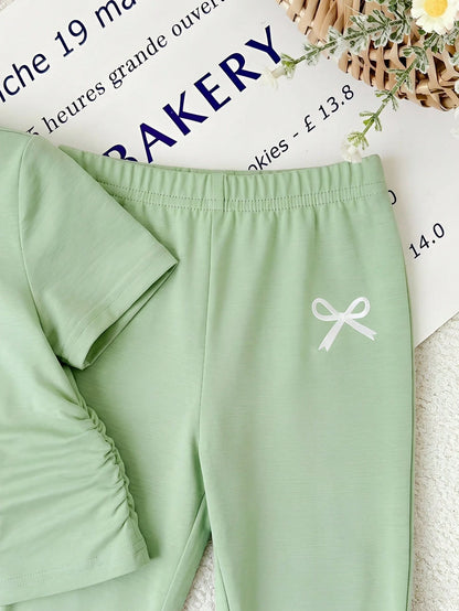 Baby Girl Bow Print Short Sleeve T-Shirt And Flare Pants Set,Sage Green Summer Casual Family Matching Baby Girls Outfit Childrens Clothing 2pcs