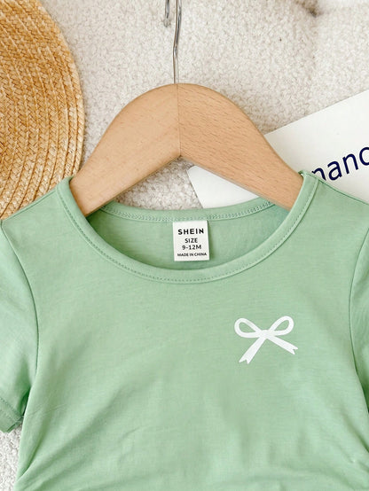 Baby Girl Bow Print Short Sleeve T-Shirt And Flare Pants Set,Sage Green Summer Casual Family Matching Baby Girls Outfit Childrens Clothing 2pcs