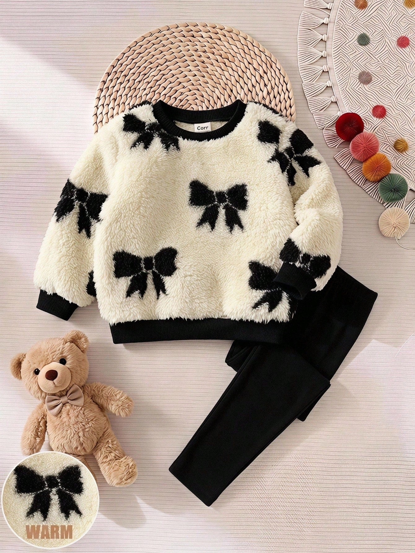 Baby Girl Bowknot Pattern Crew Neck Long Sleeve Sweatshirt And Pants Casual Set