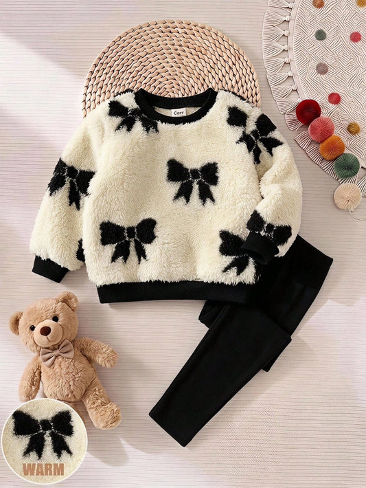 Baby Girl Bowknot Pattern Crew Neck Long Sleeve Sweatshirt And Pants Casual Set