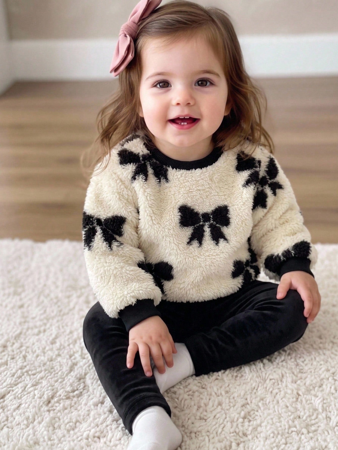 Baby Girl Bowknot Pattern Crew Neck Long Sleeve Sweatshirt And Pants Casual Set