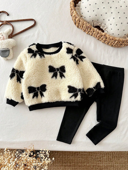 Baby Girl Bowknot Pattern Crew Neck Long Sleeve Sweatshirt And Pants Casual Set